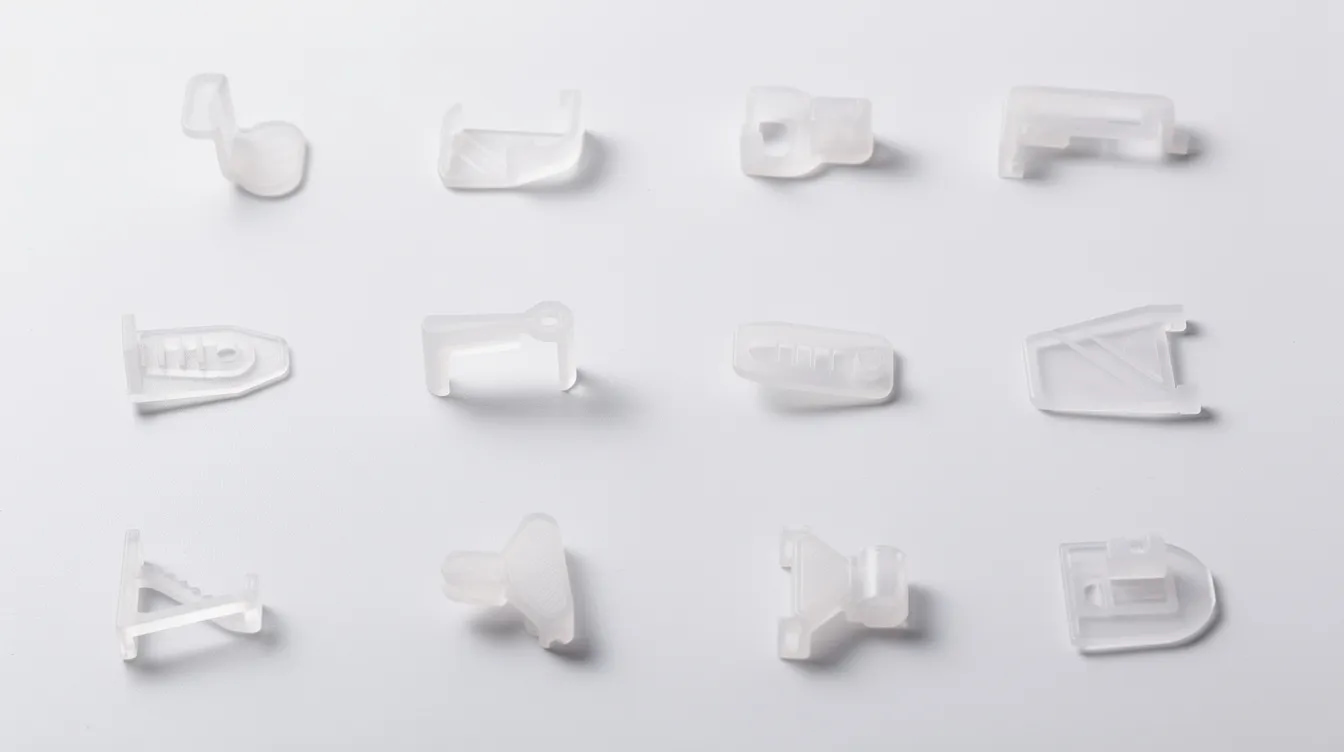The image features an array of small medical plastic components, showcasing intricate details such as snap-fits, thin walls, and textured surfaces, all arranged neatly on a white background. These injection molded parts exemplify the precision and high quality achievable through the plastic injection molding process, highlighting the advantages of modern manufacturing methods in producing high efficiency and consistent quality components for various industries.