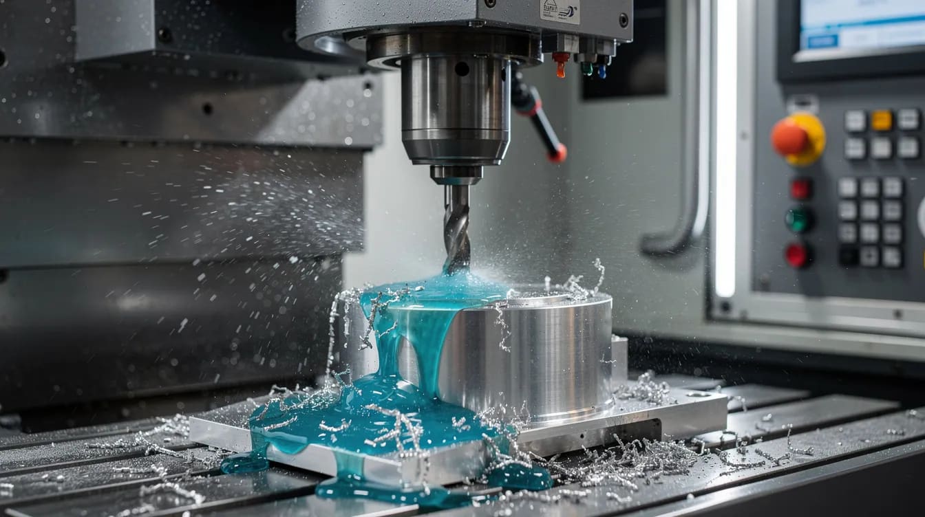 The image shows a CNC milling machine actively cutting a metal component, with a visible coolant spray to keep the material cool during the process. This advanced manufacturing technique is often utilized in medical device prototyping and development to create precise components for complex medical devices.