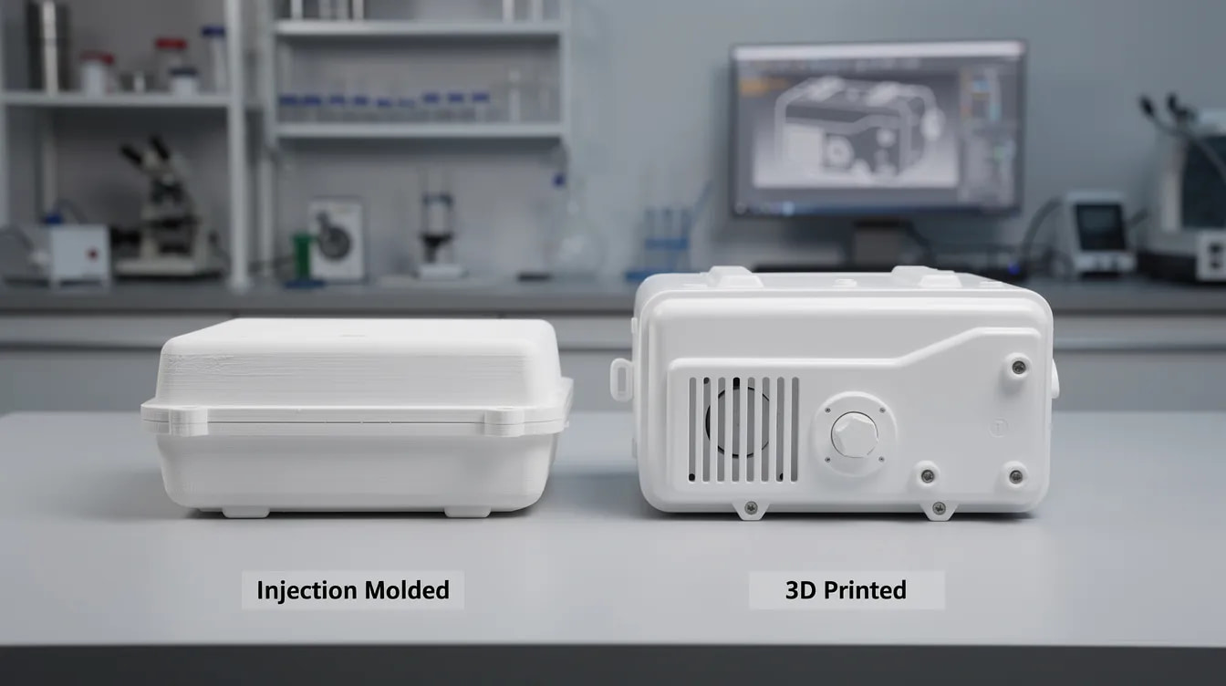 The image shows a precision-molded plastic medical device enclosure alongside its 3D-printed predecessor on a comparison table, highlighting advances in medical device prototyping and development. This visual emphasizes the iterative process of refining prototypes to meet regulatory compliance and improve patient outcomes.