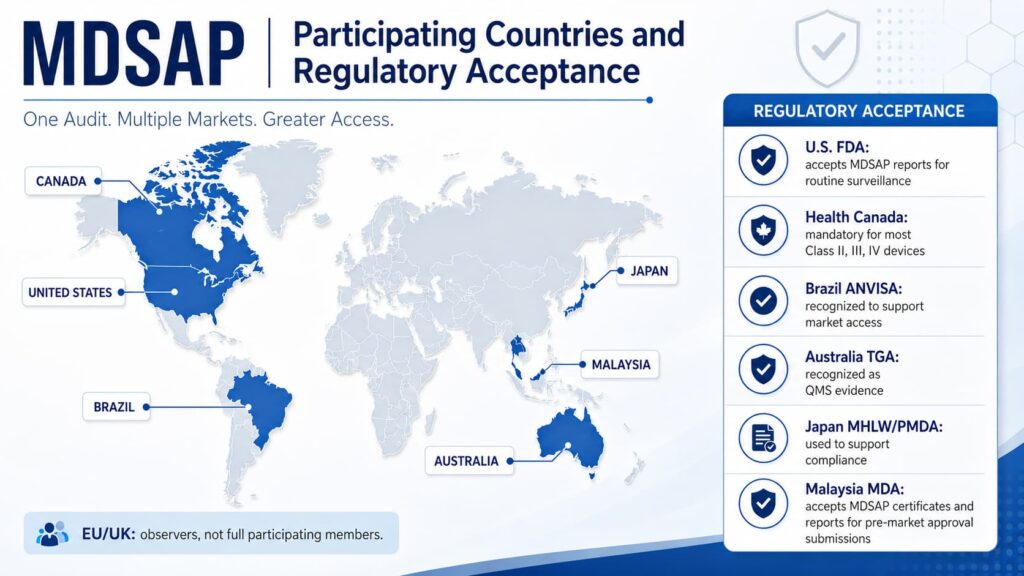MDSAP RAC member countries and Malaysia Affiliate Member regulatory acceptance map