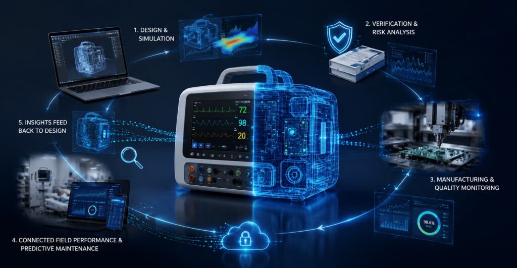 Medical device digital twin showing design simulation, verification, manufacturing, connected performance, and predictive maintenance.