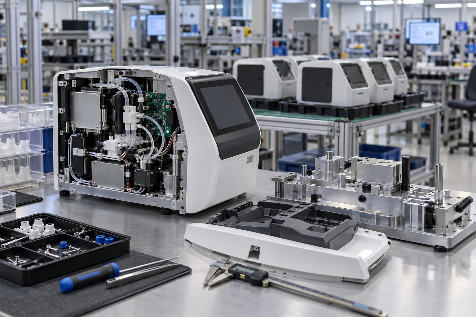Medical device engineer inspecting a prototype in a controlled manufacturing environment