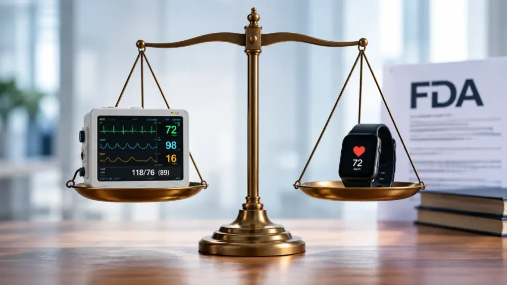 Balance scale holding a clinical patient monitor on one side and a smartwatch on the other, with an FDA document in the background.
